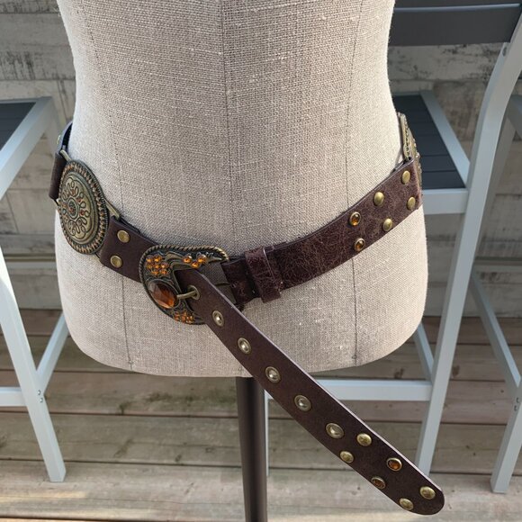 Vintage 90s Y2K Brown Leather Brass Rhinestone Stud Concho Boho Hip Belt - Picture 3 of 16